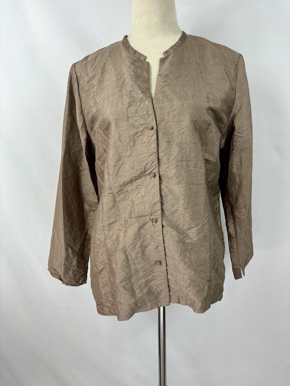 Eileen Fisher Jacket Blazer Brown Medium 100% Silk Crinkled Lightweight